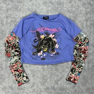 Y2K Ed Hardy Panther Tattoo crop top layered sleeve lace streetwear womens Large